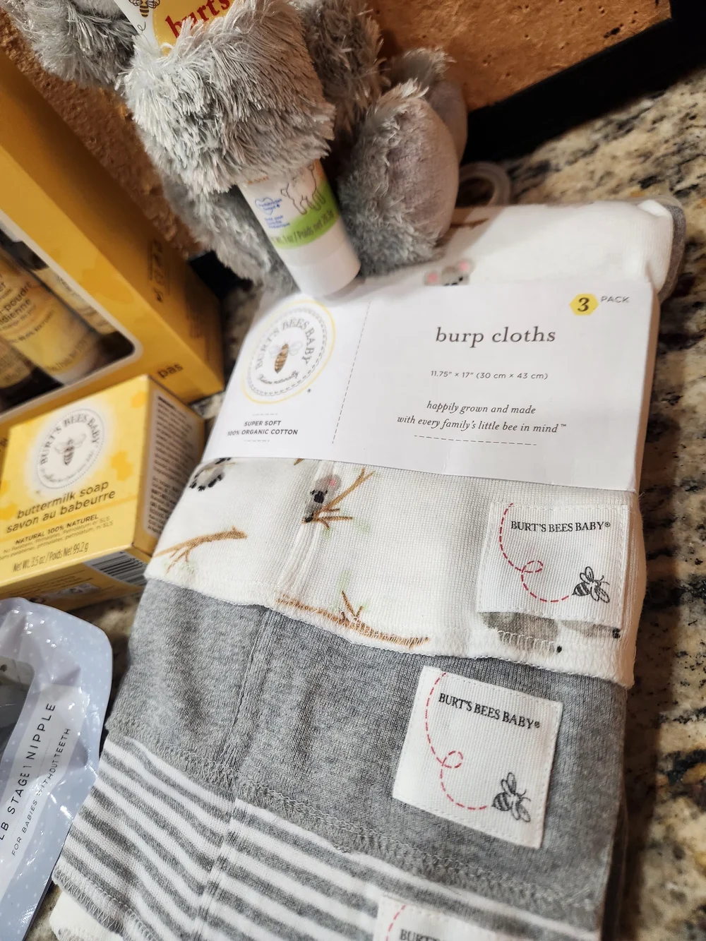 Burt's Bees Baby Starter Kit Gift Set with Gray Koala Plush Bibs
